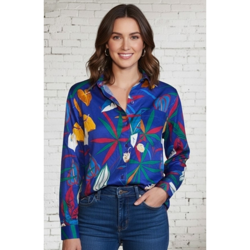 Par4 Petites Tropical Button Down Shirt Purple  Size 12P